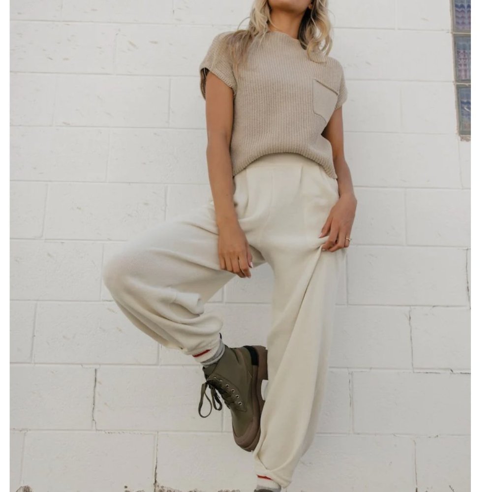 Beige Ribbed Short Sleeve Crew Sweater and matching pants as seen in the photo
